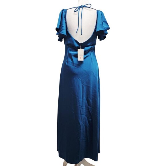 Womens Vubiya Satin Blue Maxi Dress Size M Ruffle Sleeves & Cutout Detail New - Picture 2 of 11